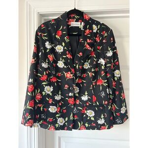 Alfred Dunner Womens Floral Blazer Black Red Tulips Daisies Ladybugs Size 18